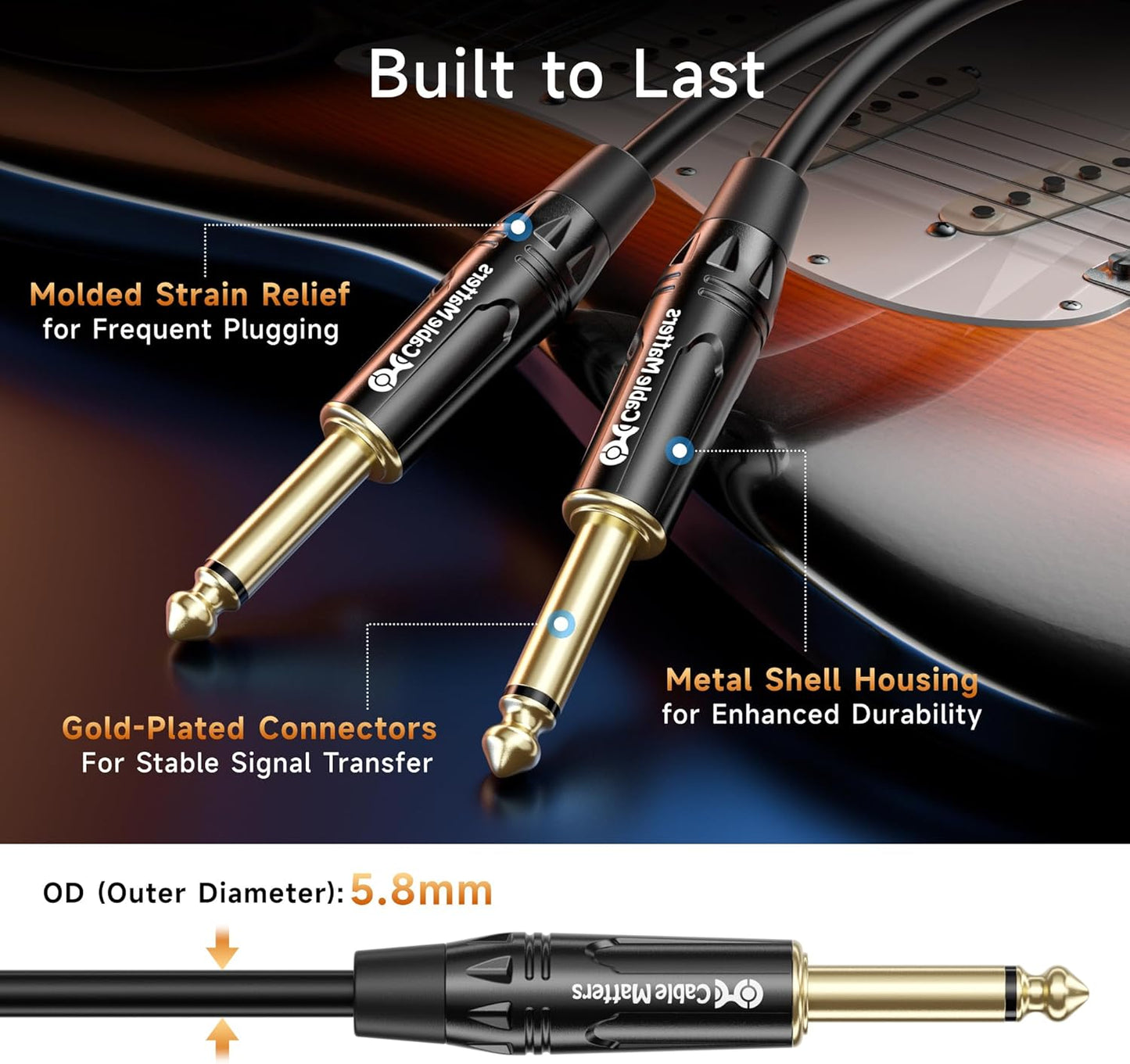Cable Matters TS-TS Premium | Cable trenzado para con conector 1/4" TS de alta calidad