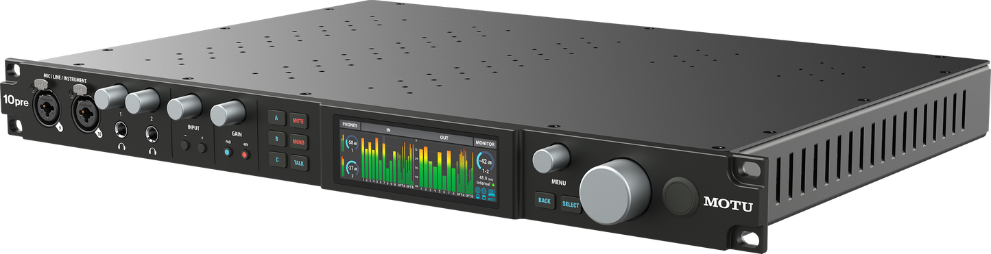 Motu 10Pre | Interfaz de audio Thunderbolt 4/USB 4 con 26 entradas y 28 salidas con 10 preamps
