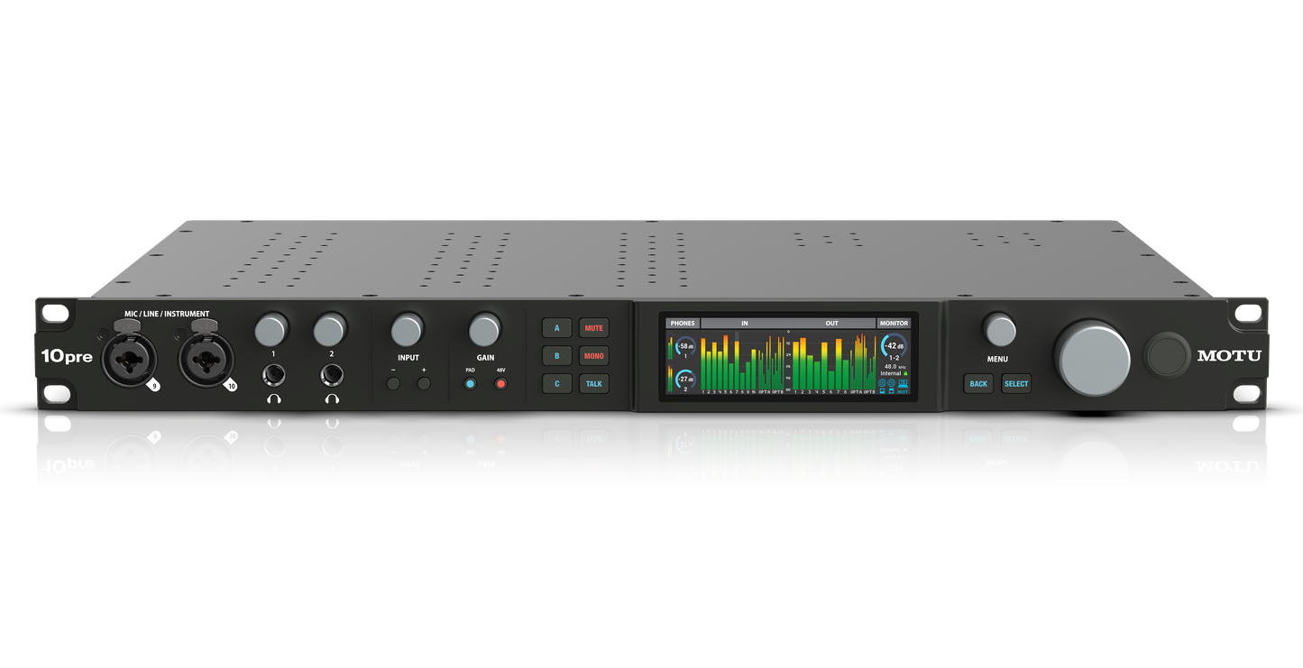 Motu 10Pre | Interfaz de audio Thunderbolt 4/USB 4 con 26 entradas y 28 salidas con 10 preamps